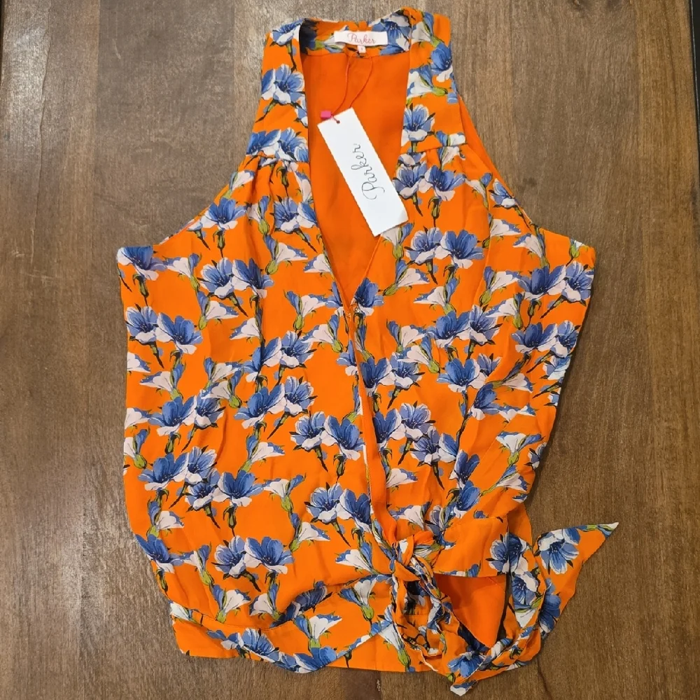 Parker Vibrant Orange Blouse with Blue Floral Pattern, S, NWT - Picture 1 of 5